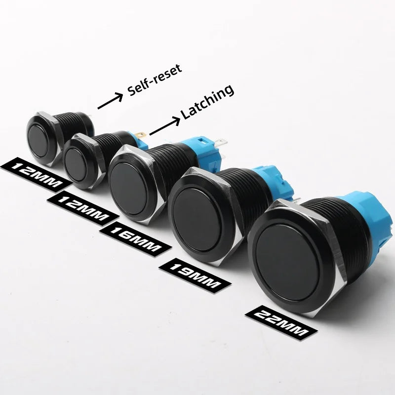 12/16/19/22MM black metal switch button self-locking latching reset power button start stop car motorcycle 6/12/24/220V on off