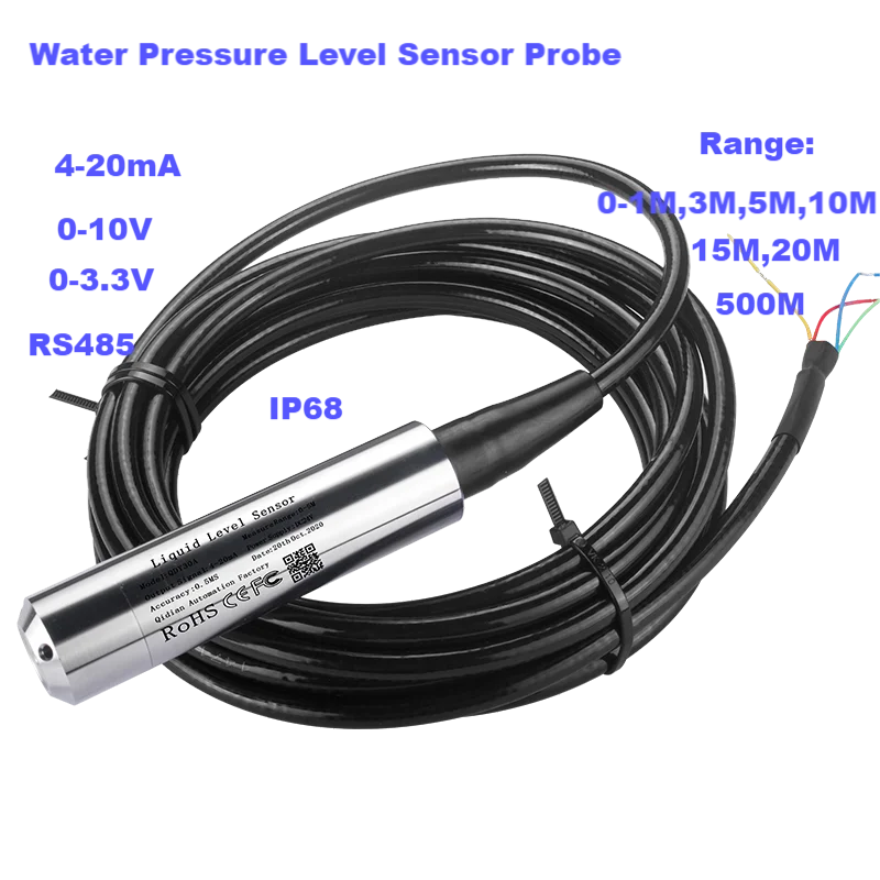 0-80M Range Liquid Level Transmitter 5M 10M to 4-20mA 0-10V 0-3.3V Output Water Pressure Level Sensor Probe for Tank Deep Well