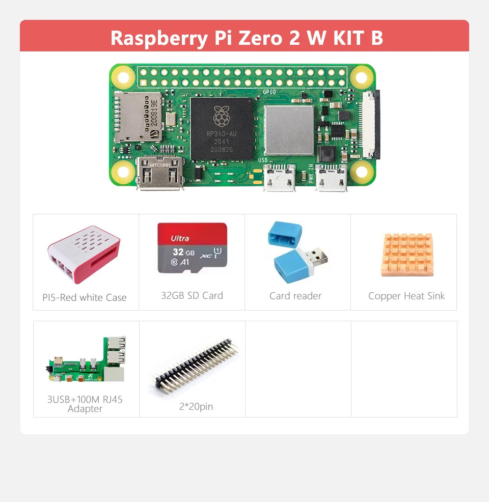 Raspberry Pi Zero 2W Optional Kit Zero 2W 3USB RJ45 Adapter board+32GB SD Card+Card reader+ Heat Sink+Case