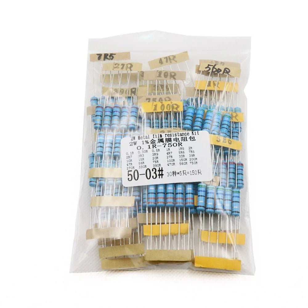 150Pcs 30 Values 2W Metal Film Resistor Kit 1% Tolerance 5 Color Bands 0 1R to 750R Common Values Assortment for Audio Amplifier