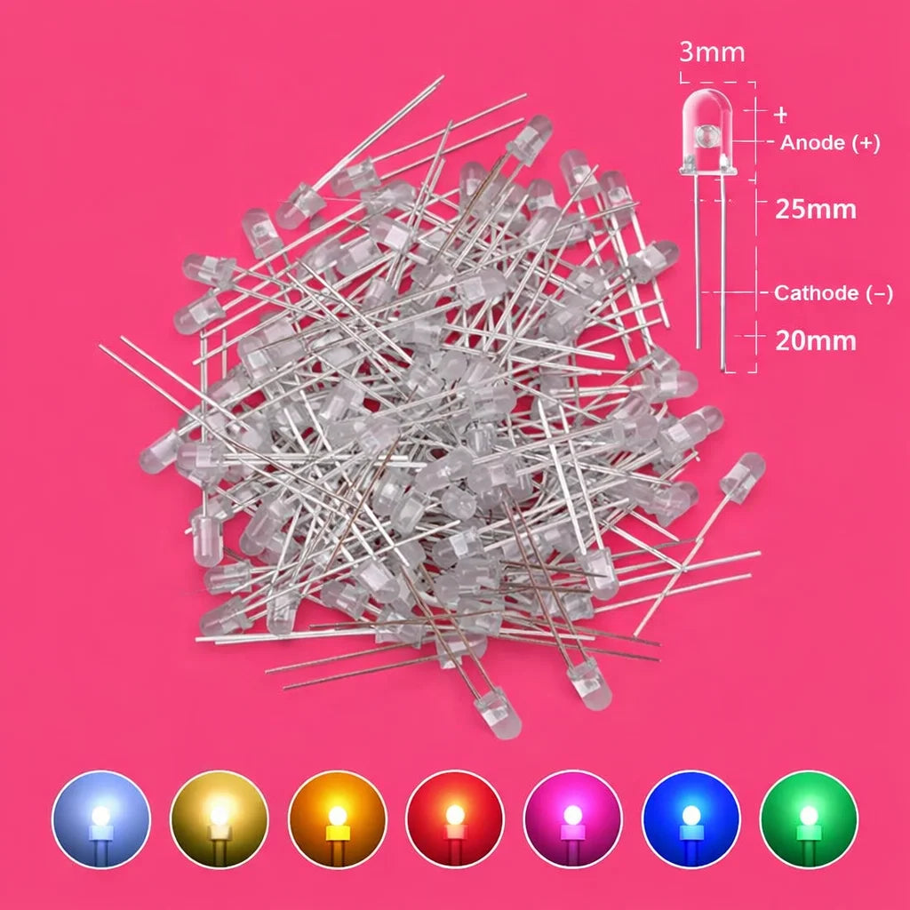 SAMIROB 60/100Pcs 3mm LED Diode Kit F3 Schottky Assorted Diode Red White Green Blue Yellow Orange Pink Purple Warm White for DIY