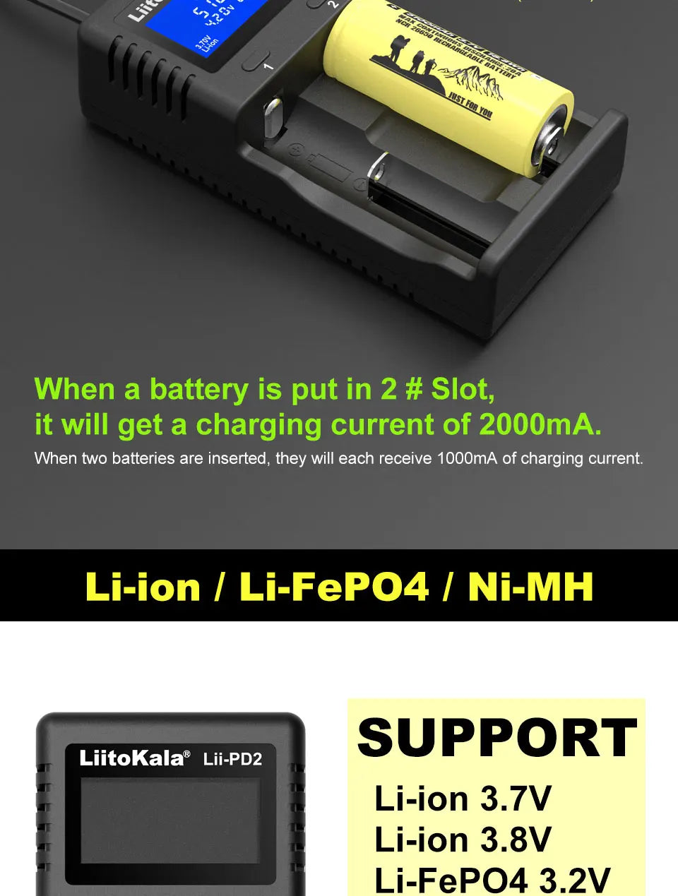 LiitoKala Lii-PD4/PD2 AC PD Charger LCD Fast Charging 4/2-Bay for 21700/18650/AA/AAA Multi-Protection Auto-Detect