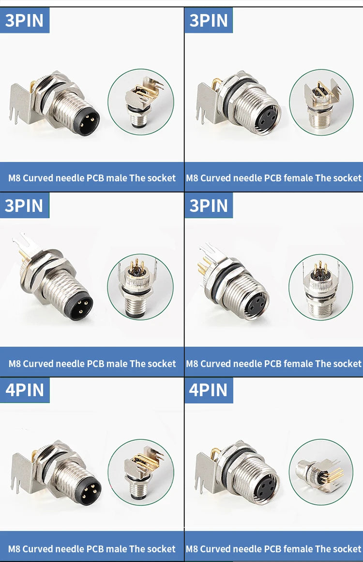5/10 PCS M8 Male/Female Curved Straight Jack Socket 3 4 5 6 8 Pin Solder IP67/68 Waterproof PCB Panel Connector