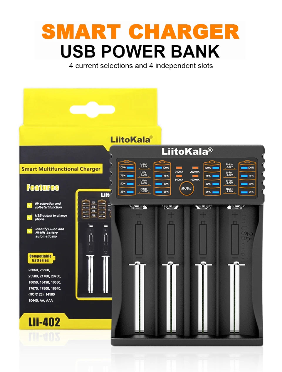 LiitoKala Lii-402 Universal Smart Battery Charger Compatible with Multiple Sizes Including 18650, 26650, 18500 Batteries