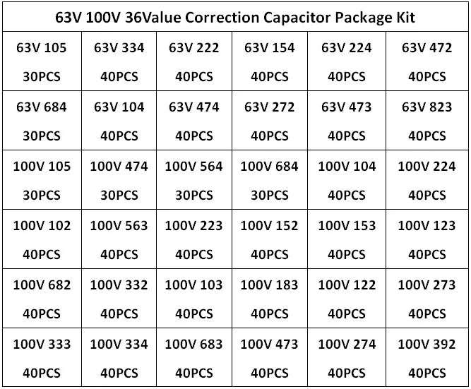 63V 100V 36 Value Correction Capacitor Package Kit Polypropylene Safety Plastic Film 105-823 Set Free