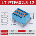 Push-in Terminal Block PTF6X2.5mm One in Multiple Out Splitter Spliceable Wire Connectors DIN Rail Junction Box Electrical Joint