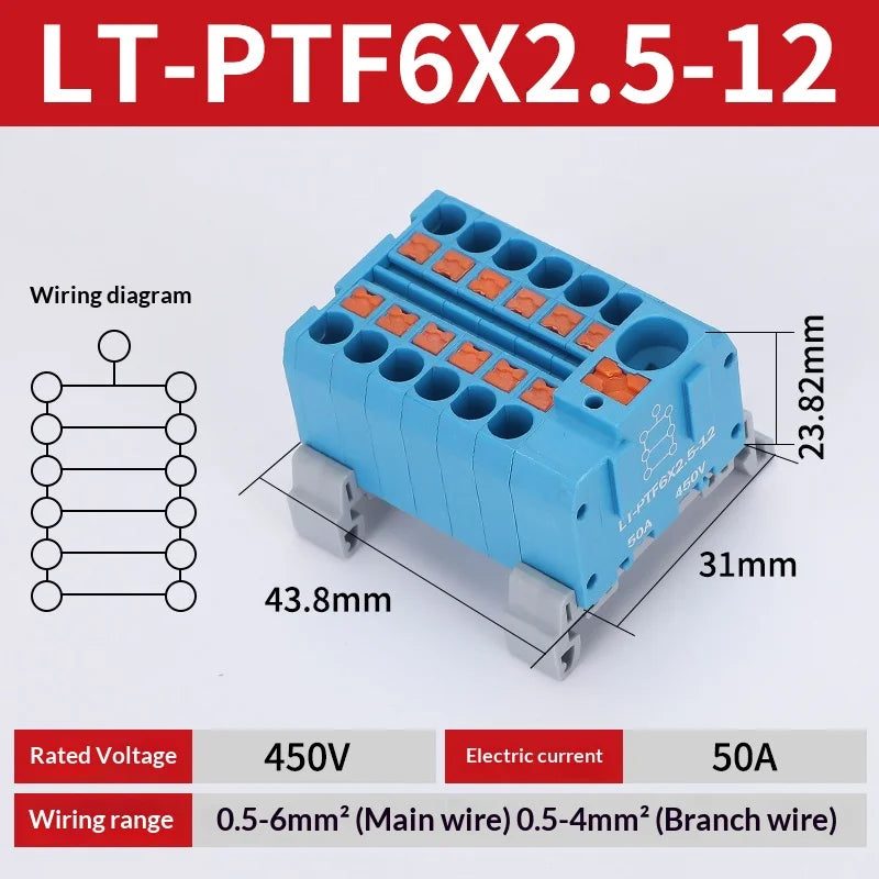 Push-in Terminal Block PTF6X2.5mm One in Multiple Out Splitter Spliceable Wire Connectors DIN Rail Junction Box Electrical Joint