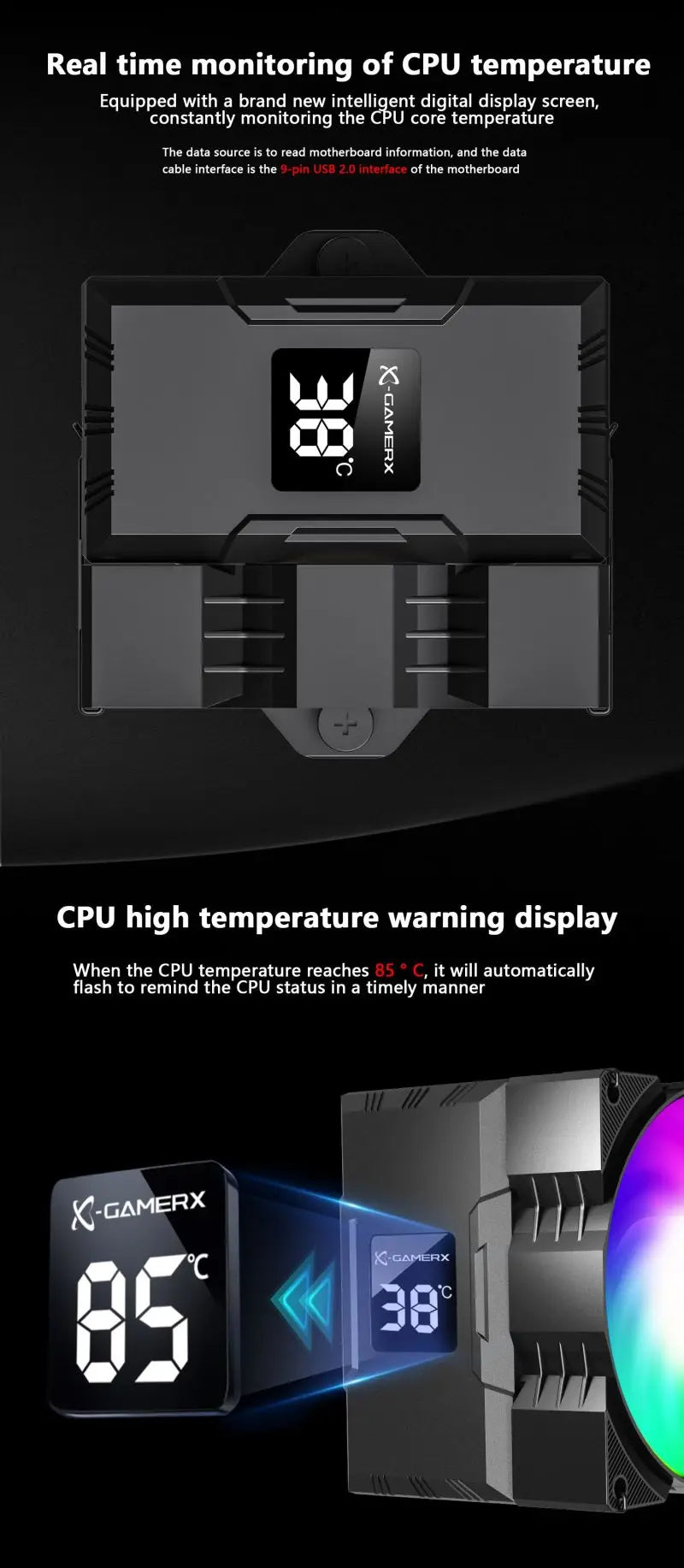 Power Train X-Gamerx Z-1300 9cm with Digital Temperature Display Four Heat Pipe CPU Air Cooler ARGB LGA1700 1200 115X AM4 AM5