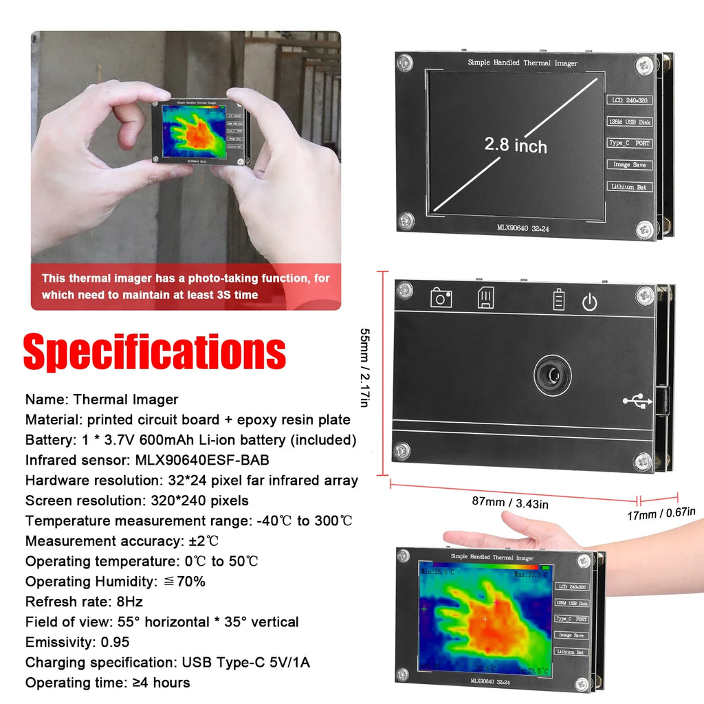 Infrared camera,MLX90640 digital infrared camera, portable thermal camera,2.8 inch LCD display,built-in battery, high precision.
