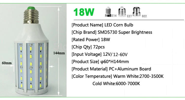 12-60v led corn bulbs smd 5730 12v 24v 36v 48v 60v LED corn light 7w 10w 15w 18w 25w 30W E27 B22 warm/cool white