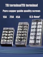 TB15A 25A 45A Copper Wiring Terminal Block 3/4/5/6/8/10/12 Position Electrical Connector Board Current Terminal Strip