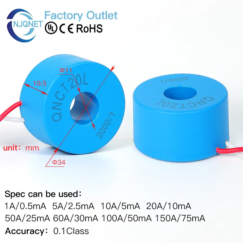 Current Transformer CT QNCT16L 10A 10mA 20A 20mA 30A 30mA 50A 50mA 2000:1 10A 5mA 20A 10mA 100A Micro Current Transducer Sensor