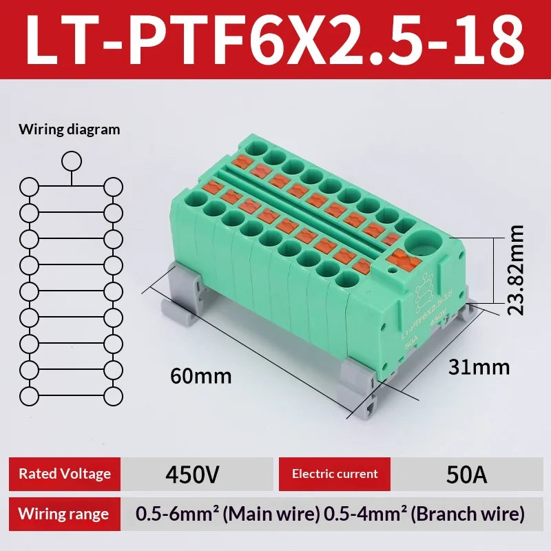Push-in Terminal Block PTF6X2.5mm One in Multiple Out Splitter Spliceable Wire Connectors DIN Rail Junction Box Electrical Joint