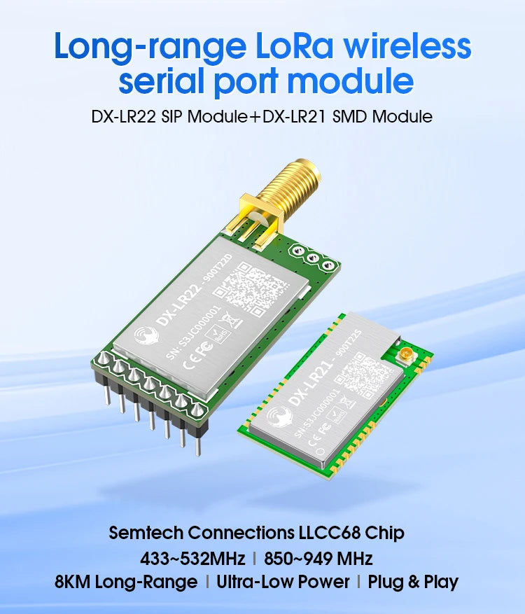 DX-LR22 LLCC68 LoRa UART Module AT Command 432-533/850-949MHz 5KM Long Range No Coding Required CE FCC for Arduino