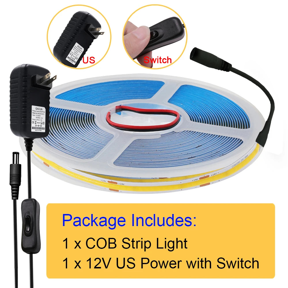 New 12V COB Led Strip With Switch Power Kit US EU UK AU Plug Flexible Light Tape Ra90 320 Leds High Density Linear Lighting