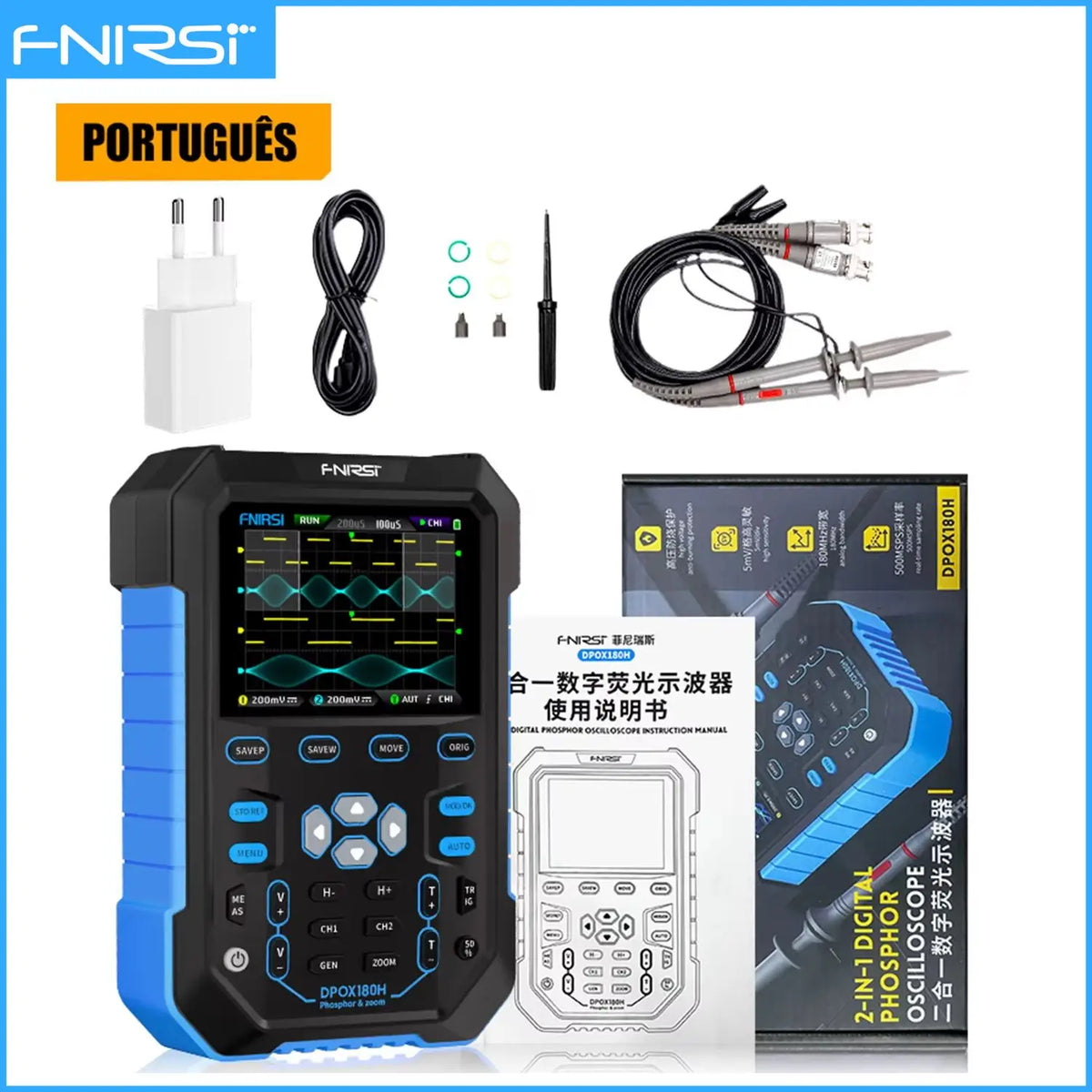 FNIRSI DPOX180H Handheld Dual Channel Digital Oscilloscope 180MHz-3DB 2 In 1 Function Signal Generator Fluorescence Display ZOOM