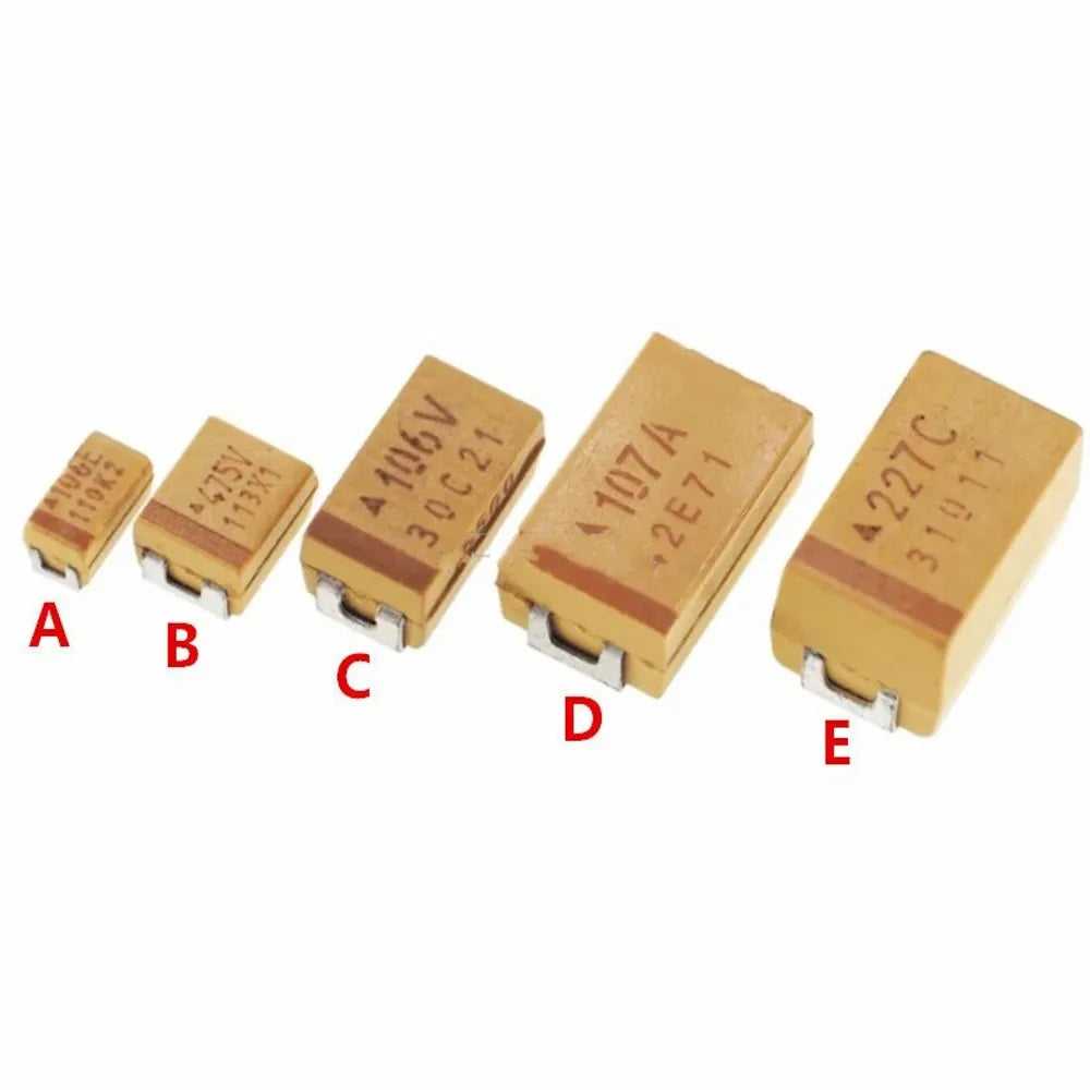 50pcs A B C D Case SMD Tantalum Capacitor 6V 10V 16V 25V 35V 50V 0.1UF 1UF 2.2UF 4.7UF 10UF 22UF 33UF 47UF 100UF 220UF 330UF 470
