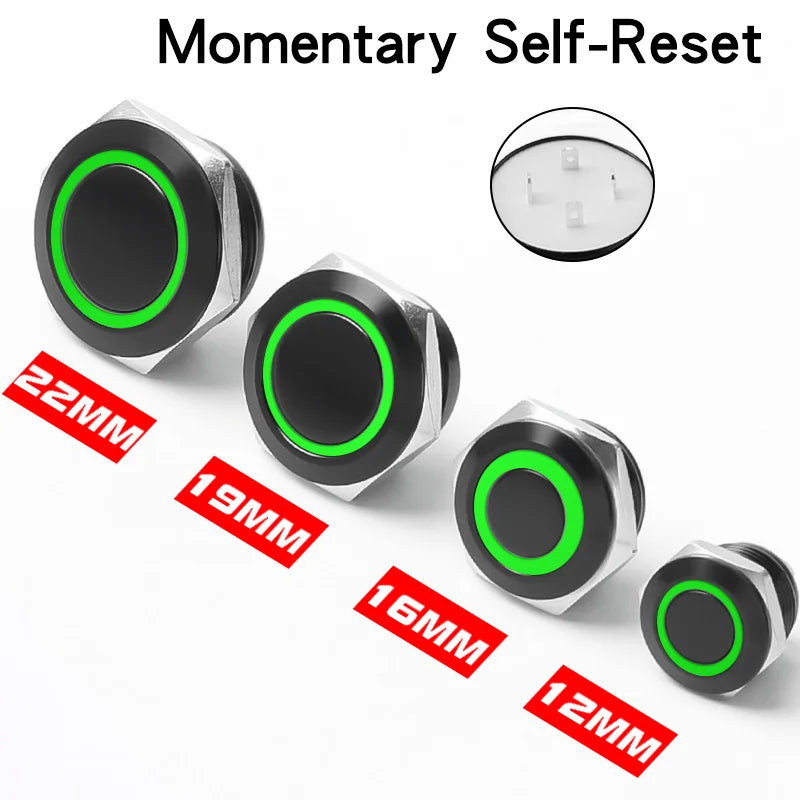12/16/19/22mm Short Stroke Oxide Blcak Shell Metal Button Switch Waterproof Flat Head With Power LED Light Momentary 1NO 6V 24V