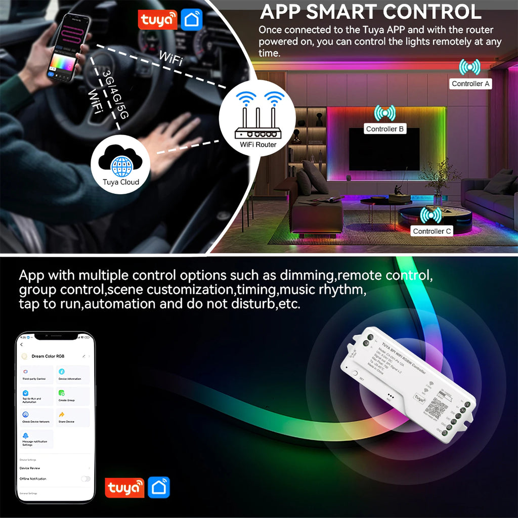Tuya Wifi LED SPI RGBIC RGBWIC Controller WS2811 WS2812B SK6812 Addressable LED Strip Light Voice Control Alexa Google 5-24V