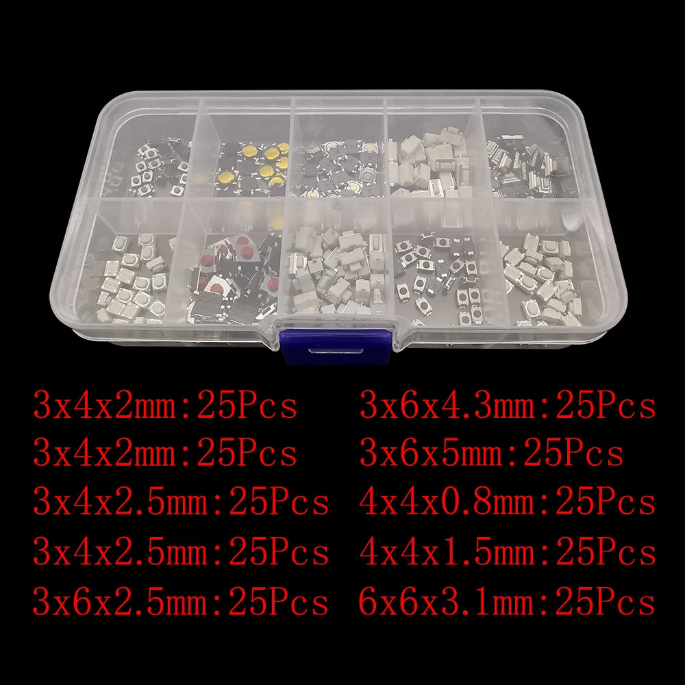 250Pcs Micro Tactile Tact Push Button Switch Assorted Kit 2P 4 Pin SMD PCB Momentary Self-reset Car Remote Control Switch Repair