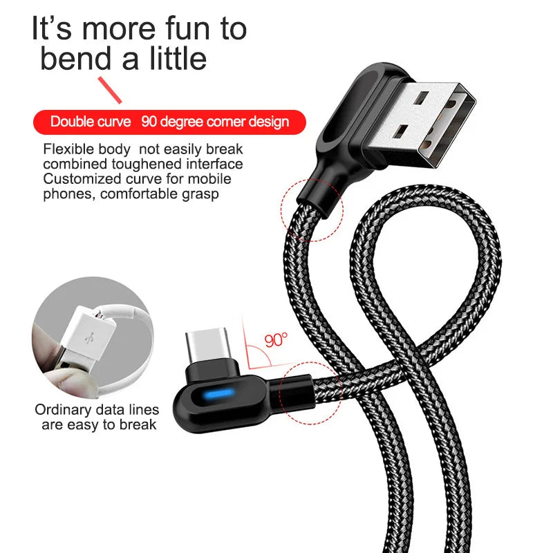 90 Degree USB Type C Cable Fast Charging USB A To Micro Cable For Samsung Xiaomi Huawei Android Phones USB C Data Cable 1M 2M
