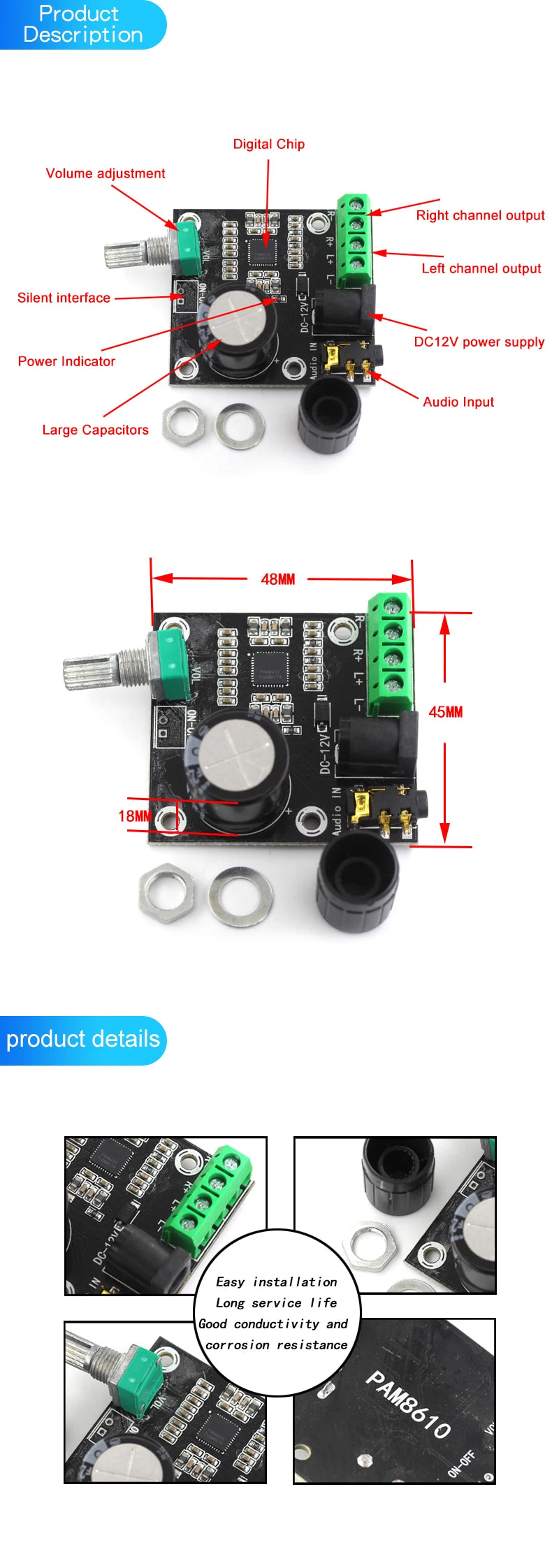 PAM8610 dual channel 12V high definition power amplifier board pure digital power amplifier 15W*2 high power amplifier module