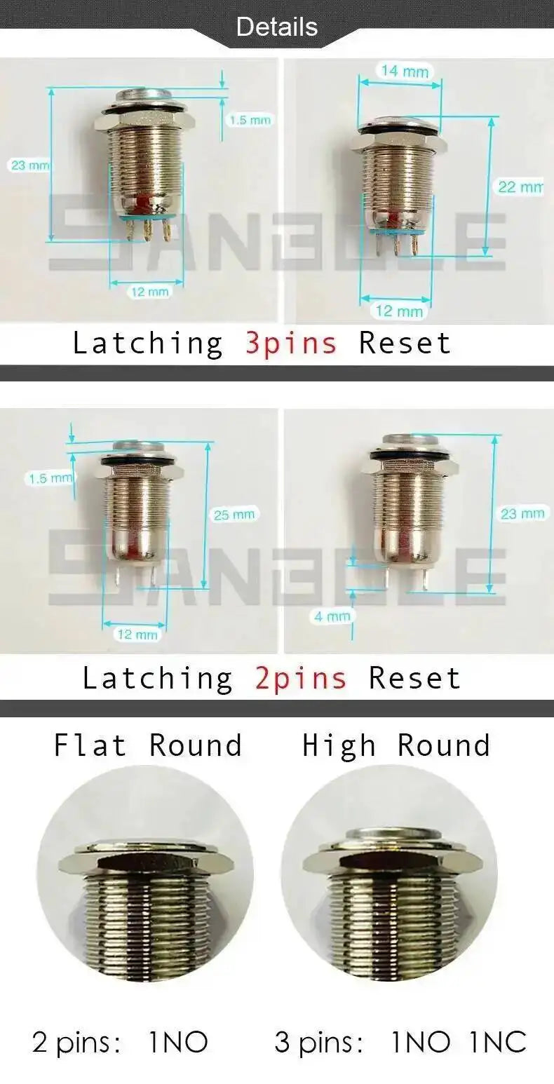 5pcs 12mm Metal Push Button Switch Self-locking Latching/Momentary Reset Waterproof High/Flat Round 2/3 pins Nickel plated brass