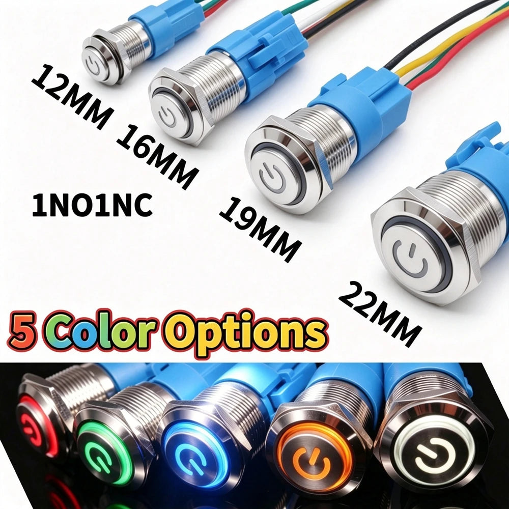 12/16/19/22mm Metal Push Button IP66 Waterproof Self Reset Latching Red LED 1NO1NC Plug Terminal 5V 12V 220V Control Switch Blue