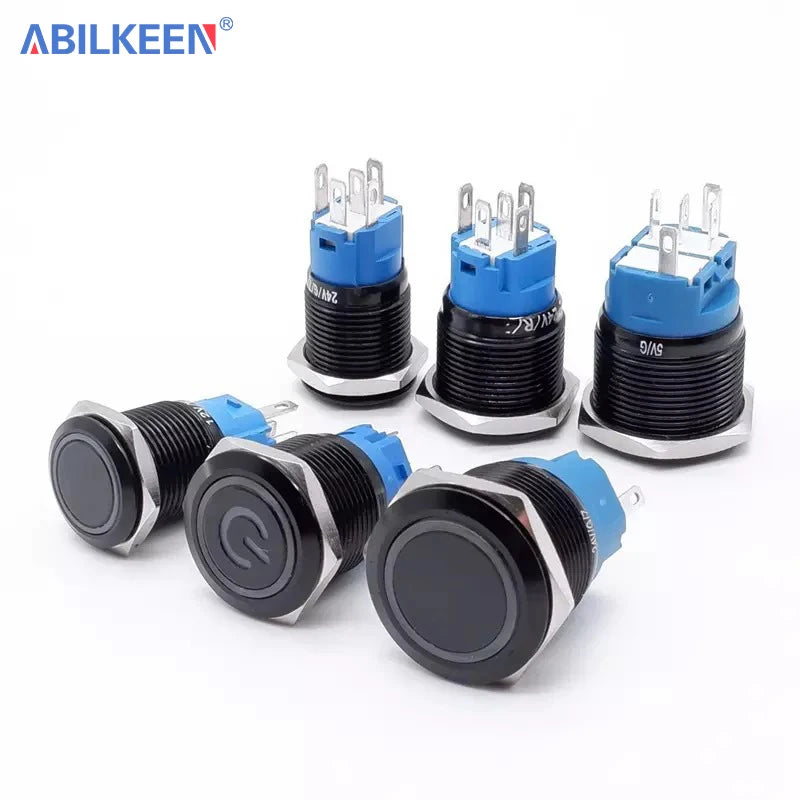ABILKEEN 16/19/22MM Black Shell Metal Push Button Switch 1NO1NC Momentary/Latching Power Control Push Button with LED Light