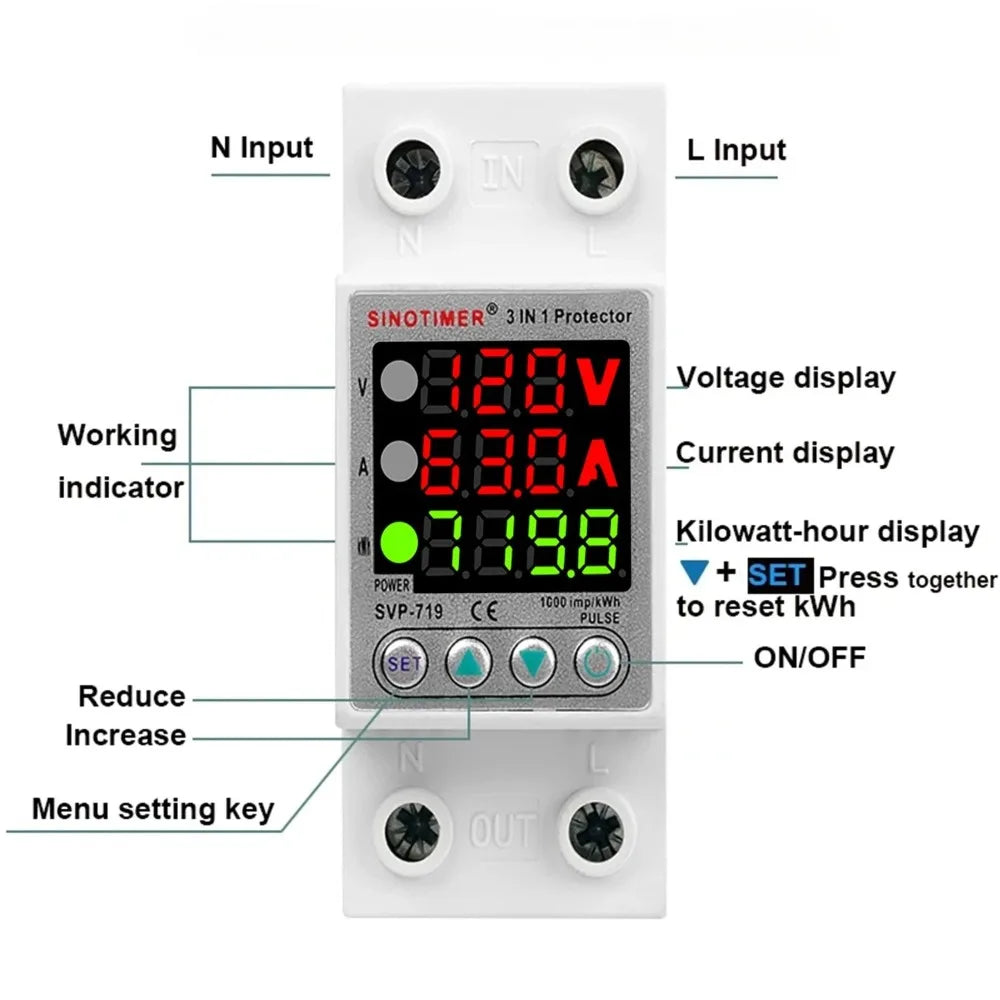110VAC 120V Dual/Three Display Adjustable Over Voltage Current Under Voltage Protector KWh Energy Meter 40A 63A Protection Relay