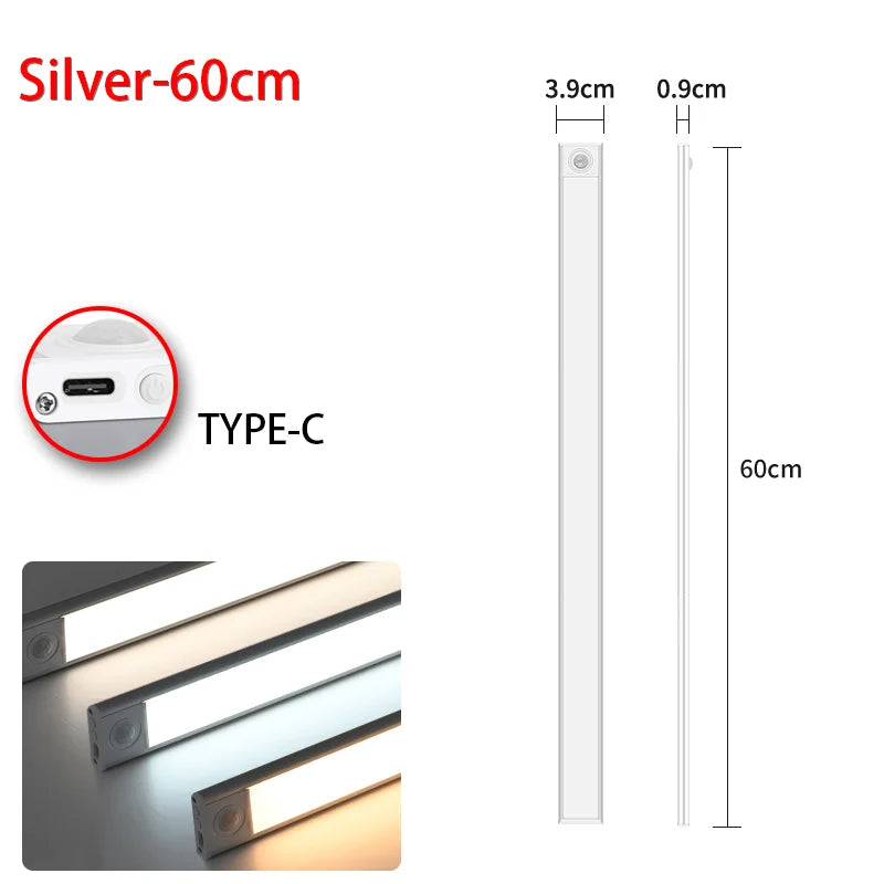 LED Night Light 20/30/40/60CM Motion Sensor Wireless USB Cabinet Night Light Wardrobe Lamp For Kitchen Cabinet Bedroom Wardrobe