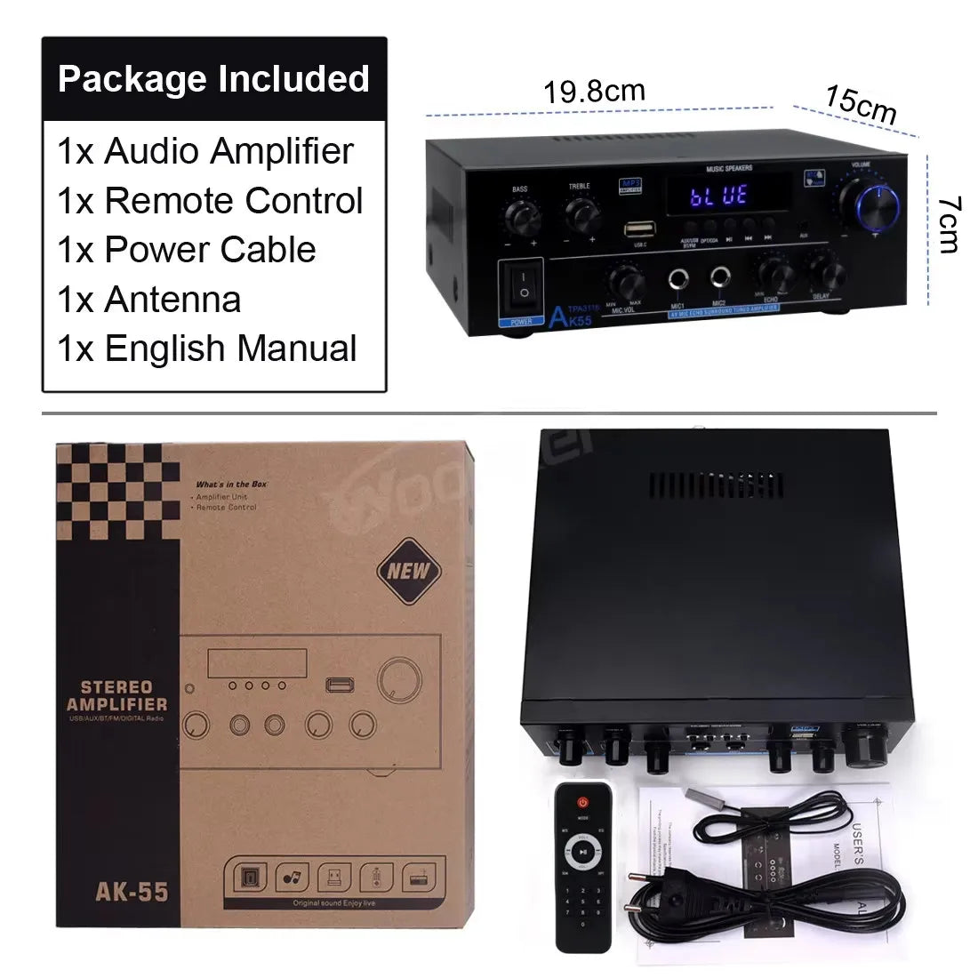Woopker AK35/AK45 Pro/AK55 Digital Amplifier Bluetooth Sound Amplifier 2 Channel HIFi FM USB Audio Amp For Home Car Karaoke