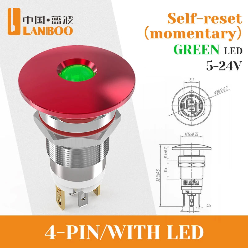 LB12E-M Mini Emergency Stop Button with LED Light Elevator Machine Tool Safety STOP Switch Self-locking / Momentary Selectable