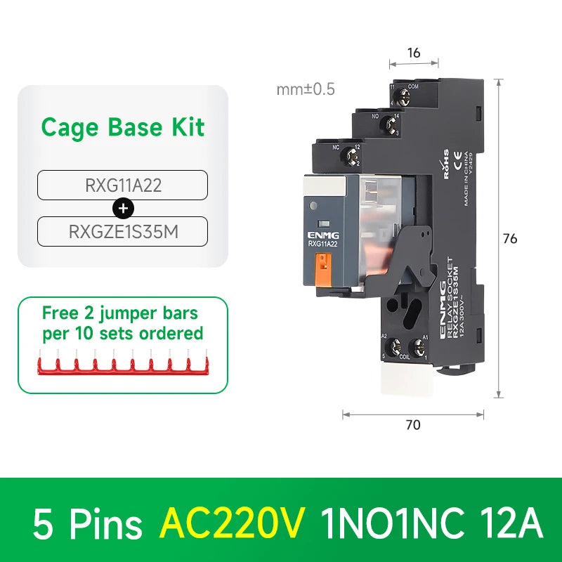 ENMG RXG Slim Power Relay 12A 24VDC/220VAC Coil, DIN Rail Mount Industrial Relay for PLC Control System
