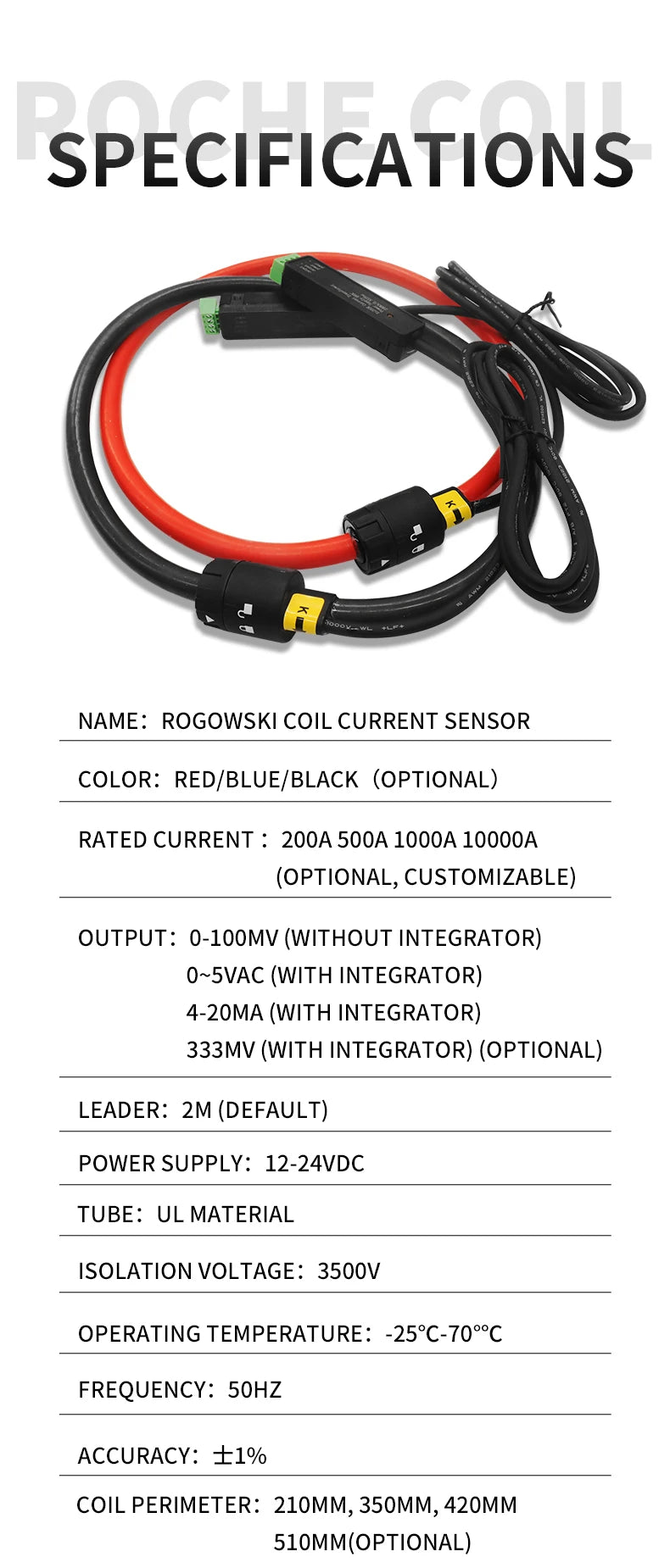 Current sensor Rogowski coils /Flexible Rogowski Coils 10A-200kA with 0.33v /0.5v /1A/4-20mA output