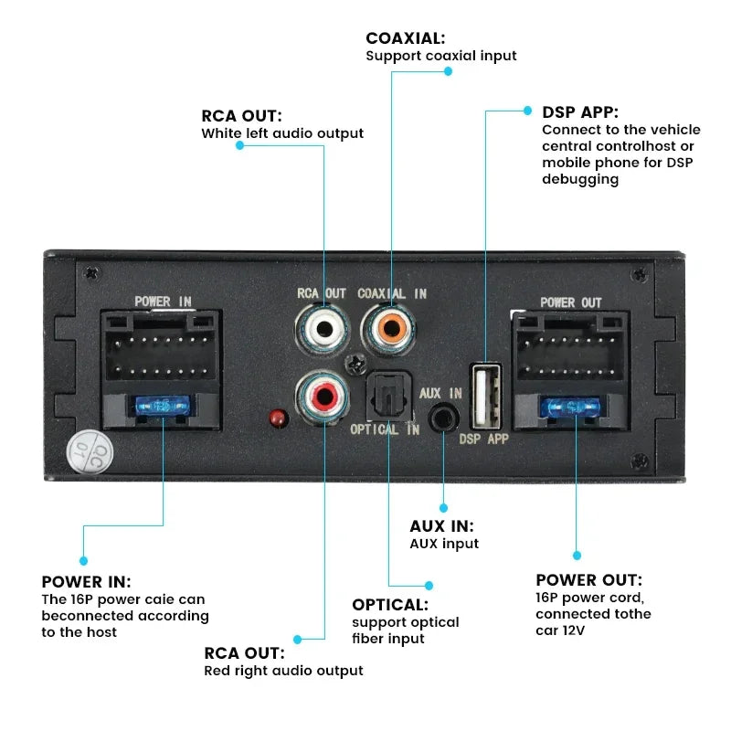 Car DSP Amplifier for Android Radio 16PIN Stereo HIFI Speakers Upgrade 4*50W Digital Audio Signal Processor BT APP EQ Adjustment