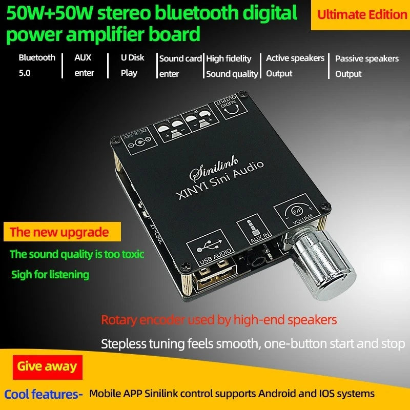 XINYI Sini Audio C50L/C100L Stereo Bluetooth Digital Power Amplifier Board 50W Dual Channel 360 Degree Stepless Tuning AMPModule