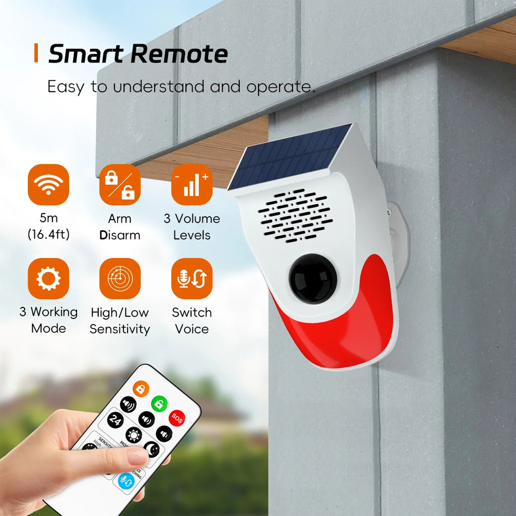 120db Solar Infrared Motion Alarm Sensor Remote Control Siren Strobe Light DIY Voice Announcer Outside Weatherproof PIR Sensor