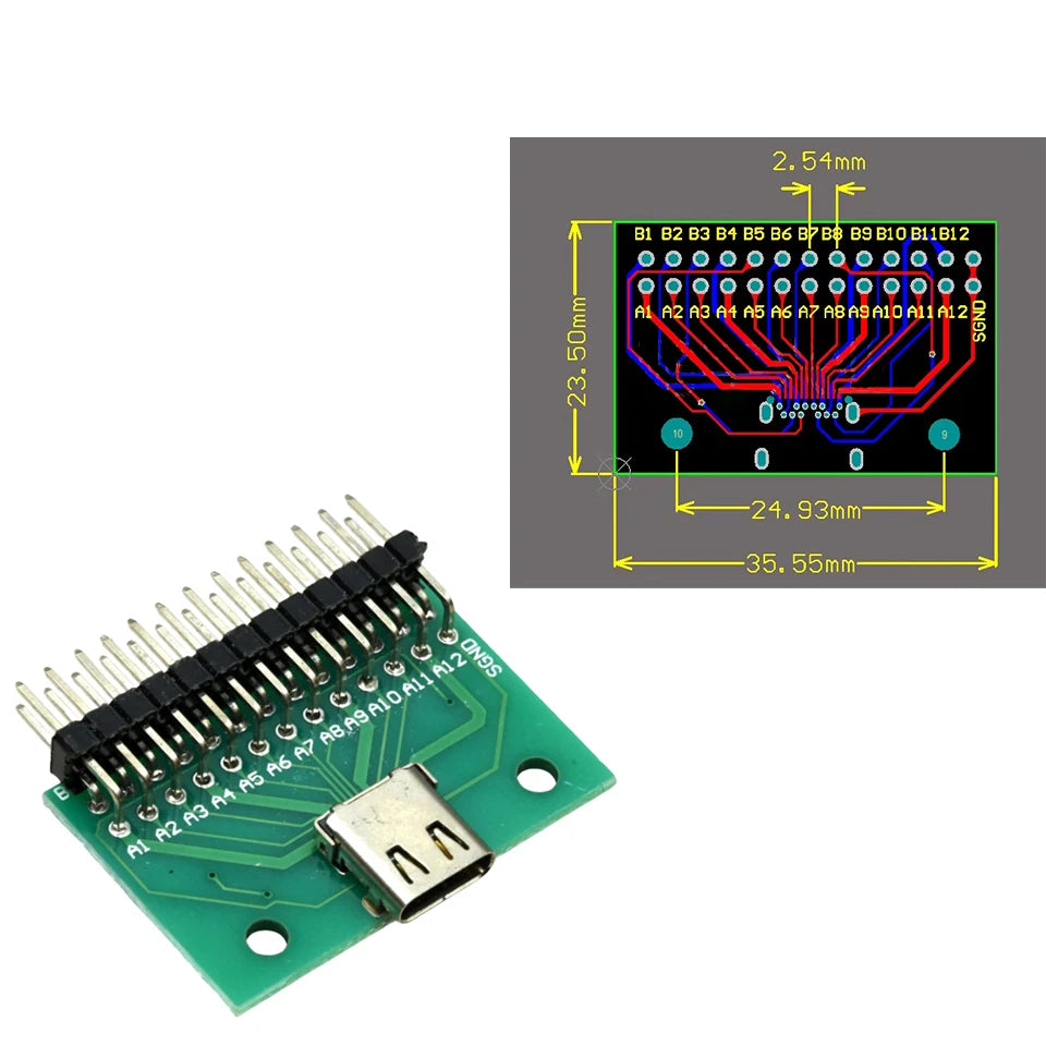 USB 3.1 Type-C Female Receptacle 24Pin PCB Mount SMT DIP Test Board with Header Pins for DIY Electronics Projects