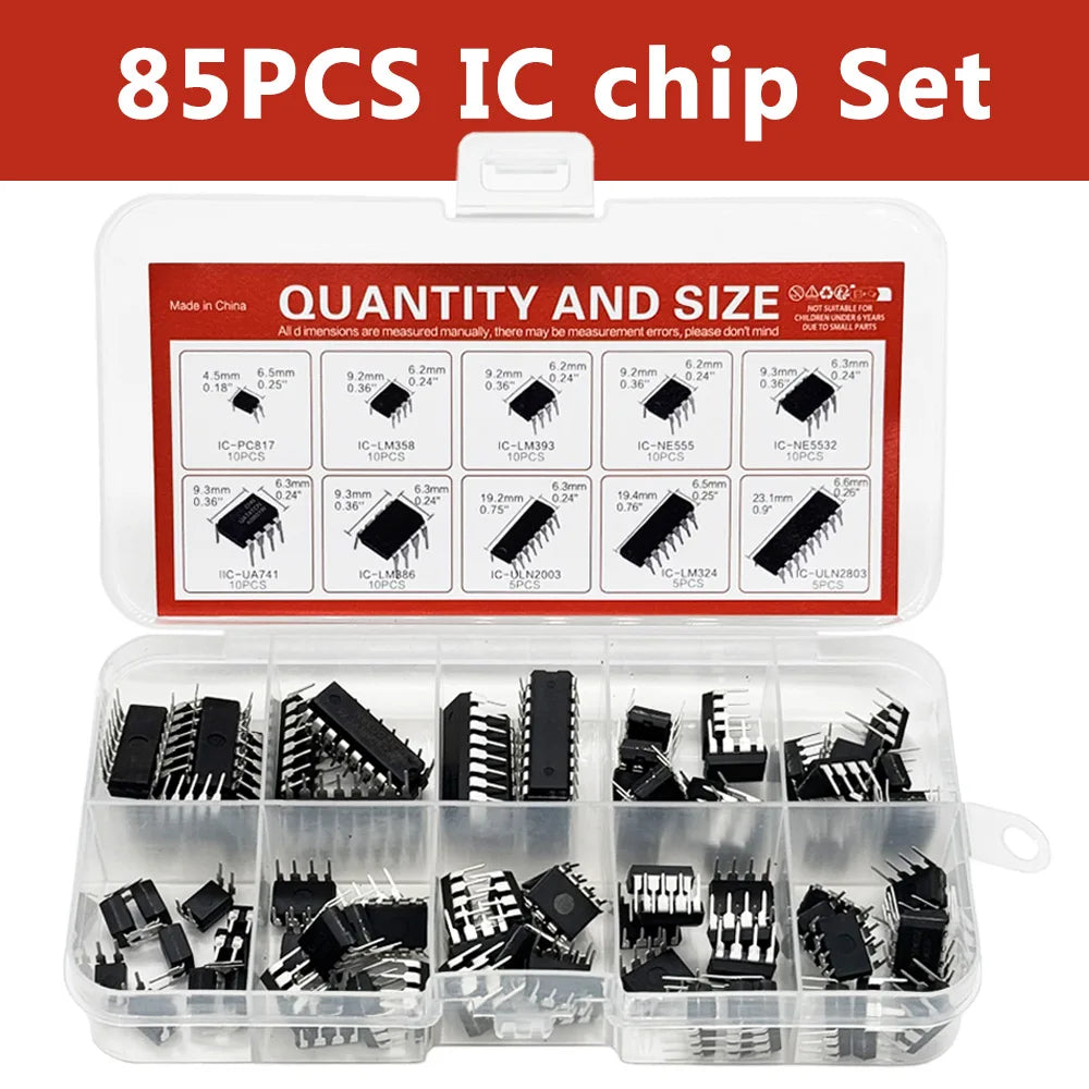 85PCS IC Chip Kit DIP Integrated Circuit NE555 LM324 LM358 ULNN2803 Single Precision Timer DIY Electronic Components Tentacle
