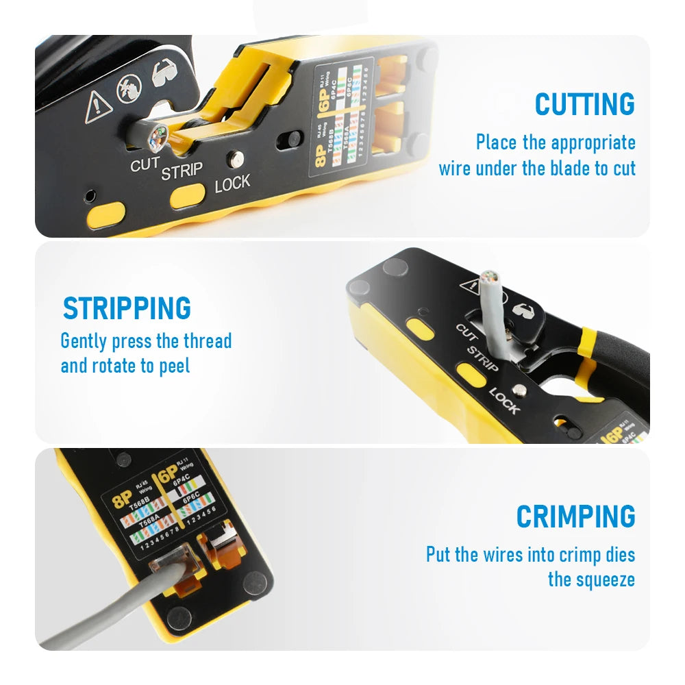 Pass Through RJ45 Cat6 Crimping Tool, 8P8C Crimper for CAT6A/CAT6/CAT5E (STP/UTP)， 3-in-1 Crimp/Cut/Strip