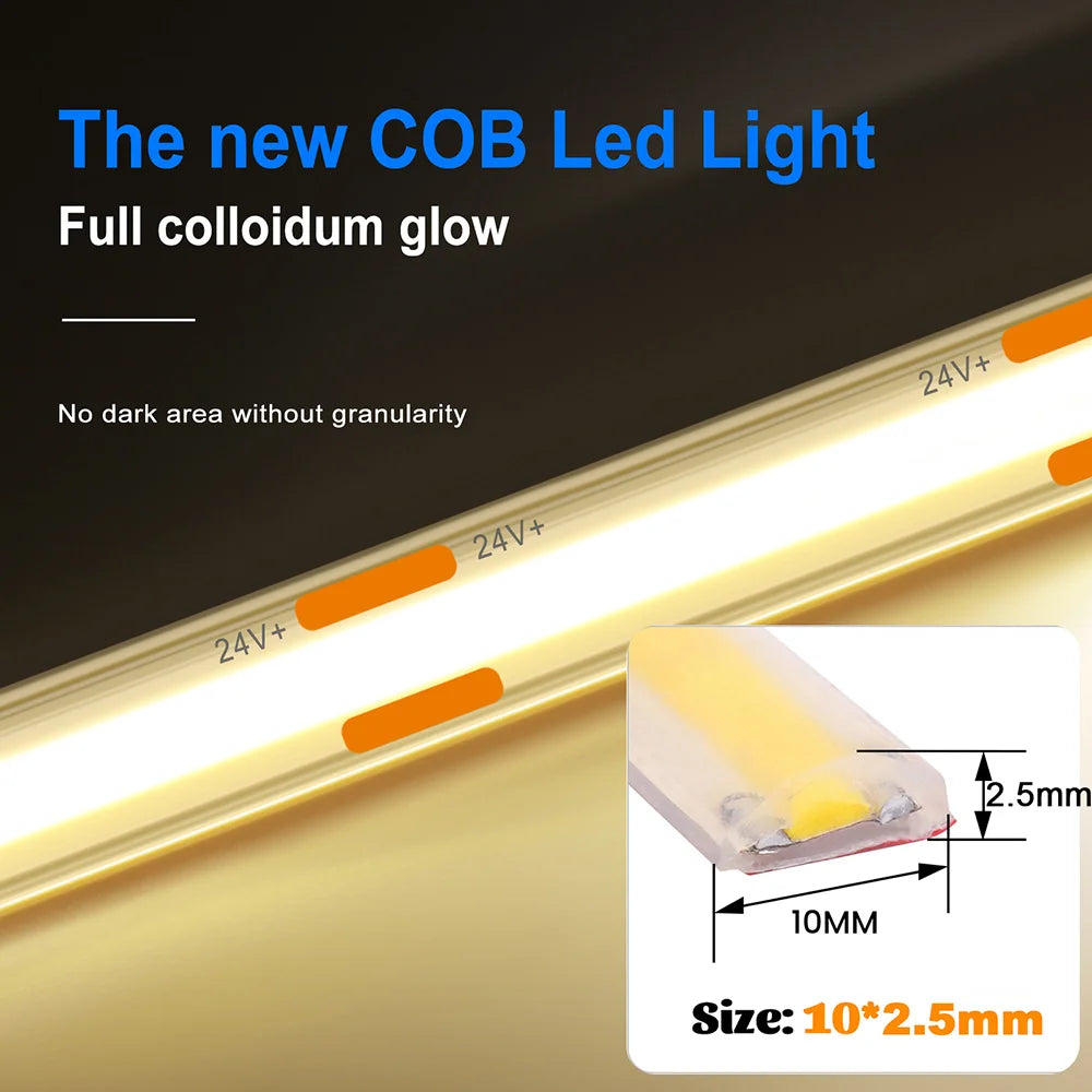 12V 24V Waterproof COB LED Strip Light 3000K 4000K 6000K IP67 Flexible Led Tape 480LEDs/m 5m 10m 20m 0.5m 1m 2m Linear Lighting