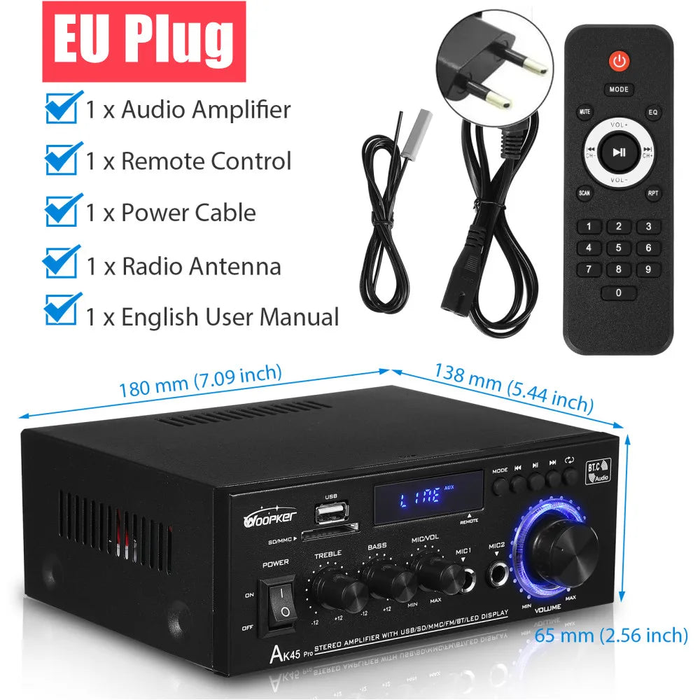 Woopker AK35/AK45 Pro/AK55 Digital Amplifier Bluetooth Sound Amplifier 2 Channel HIFi FM USB Audio Amp For Home Car Karaoke