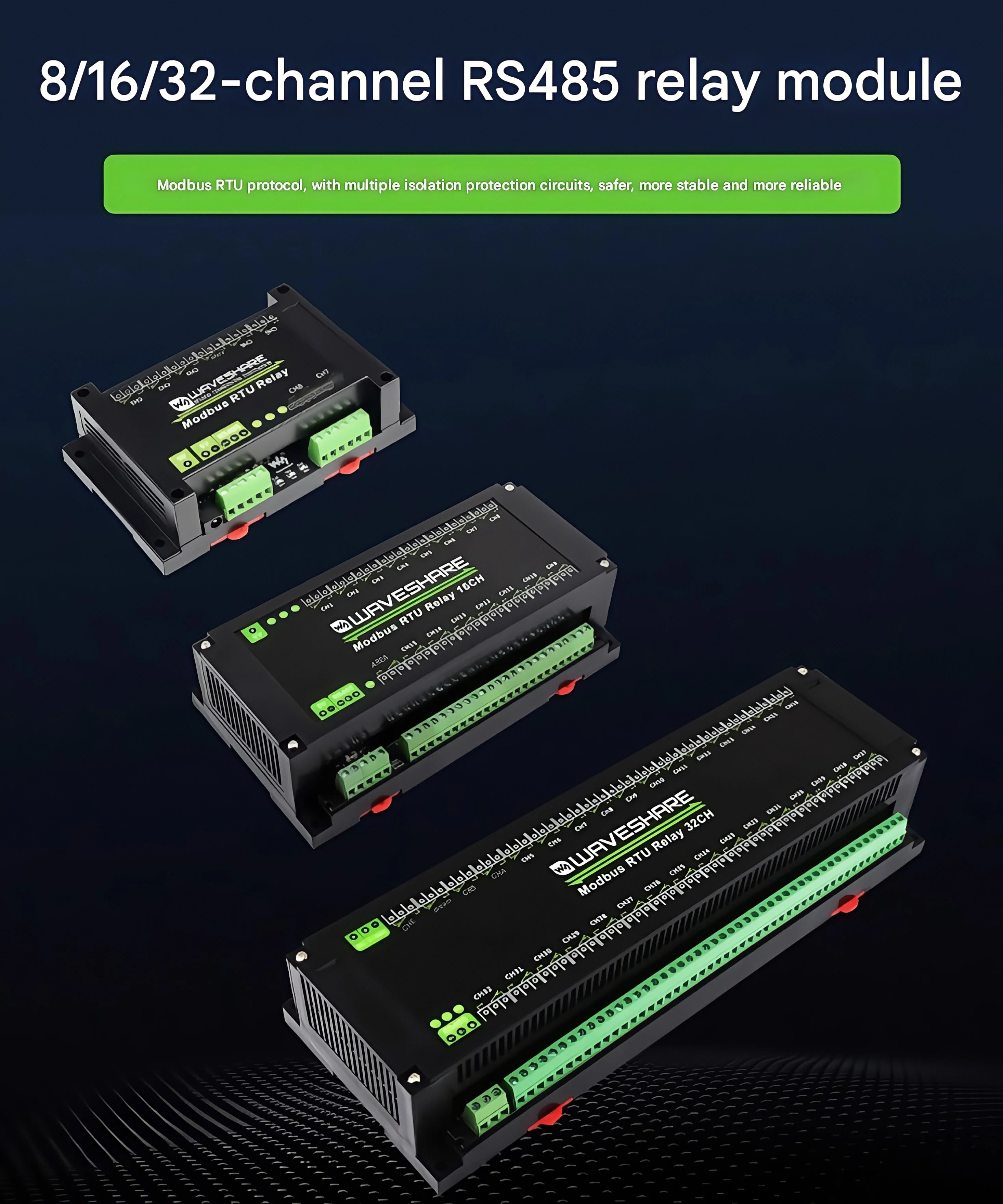 Waveshare Industrial Modbus RTU Relay Module with 8/16/32-channel RS485 interface and isolation