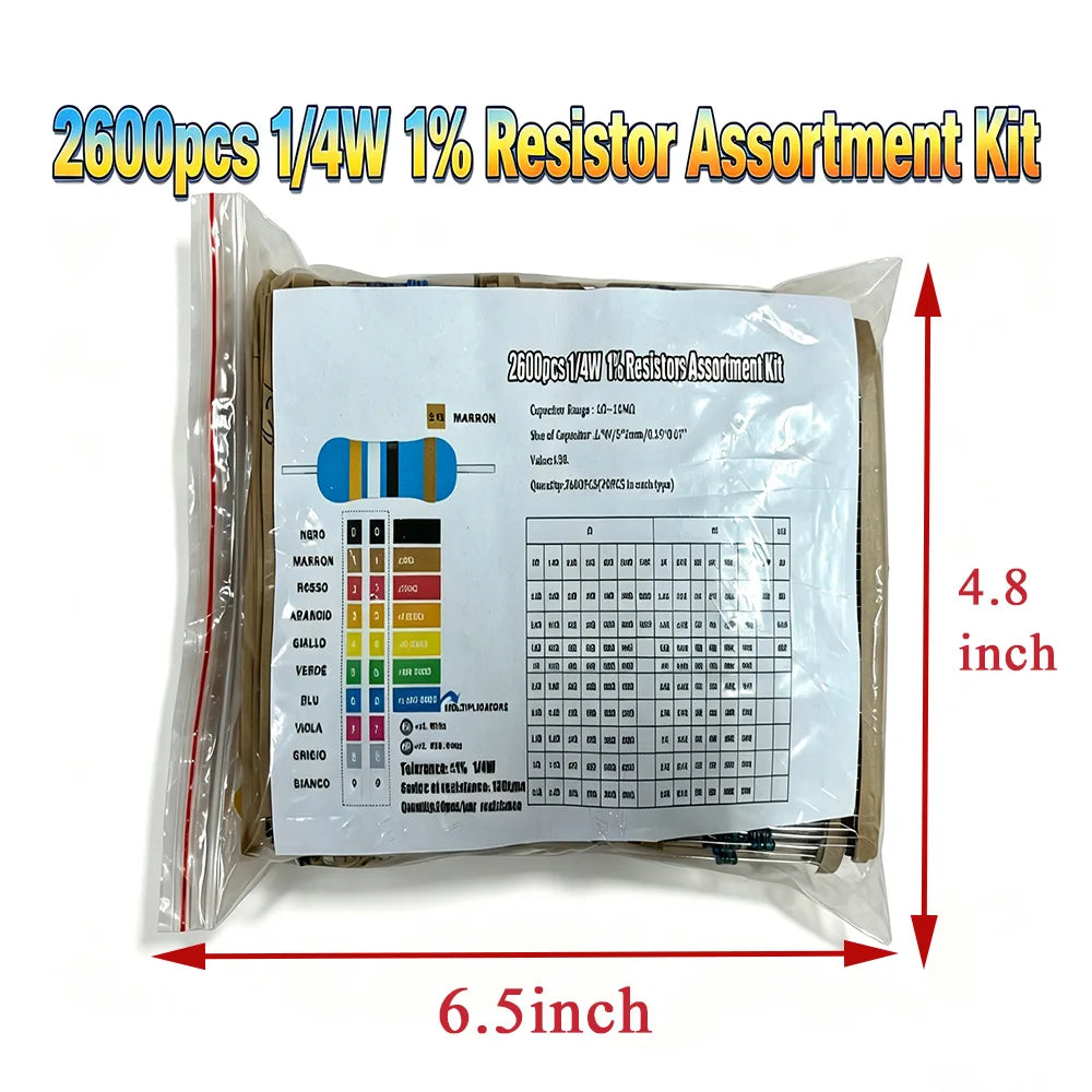2600pcs Assorted Metal Film Resistors 130 Values 1/4W 0.25W 1% Fixed Resistor Kit for Electronics DIY Projects