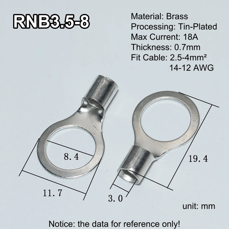 100pcs RNB Brass Ring Bare Terminal Block Connector Cable Lugs Wire Crimping Tips Electrical Connection Strips 12V 2.5mm 4mm 6mm