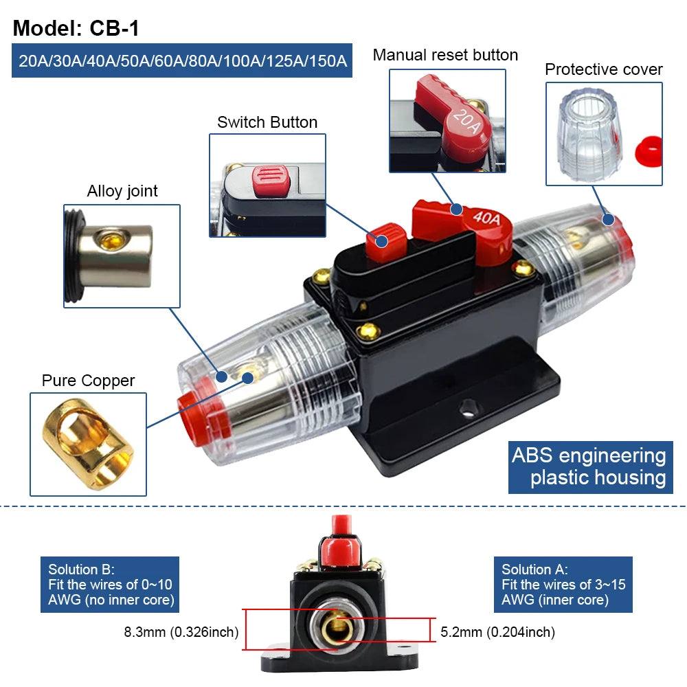 Circuit Breaker Reset Fuse 12v 24v 48v DC 20A-300A 250A Solar Fuse Car Boat Audio Manual Power Protect Fuse Resettable Insurance