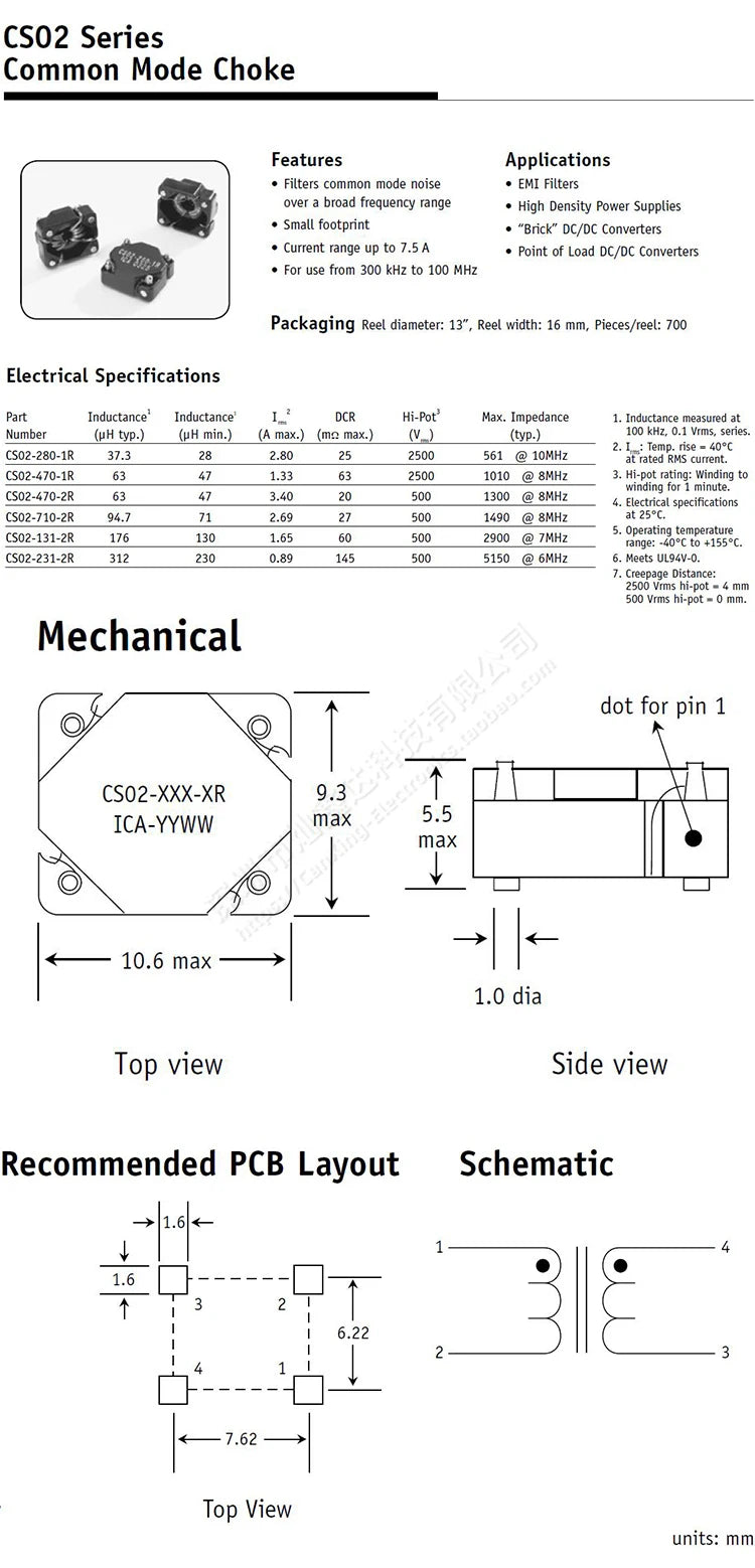 5pcs SMT Common Mode Choke Inductor Inductance 28uH 2.8A Signal Line EMI Filter Noise Supression DC Converter CS02-280-2R
