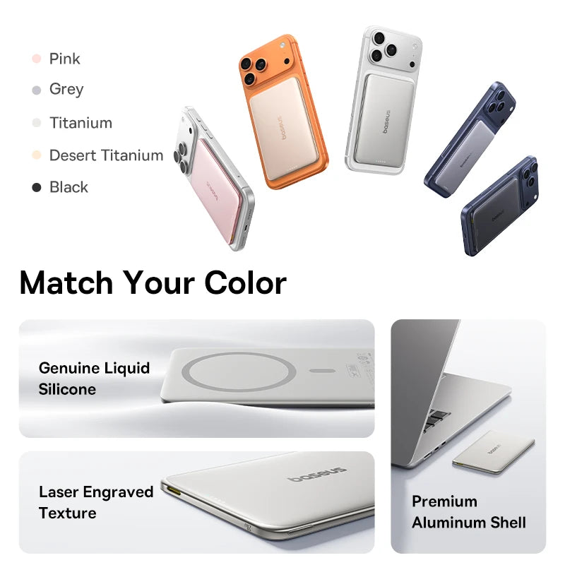 Baseus 5000mAh Magnetic Power Bank 15W Wireless 20W Wired Charging Thin Card-Sized Slim Portable Powerbank for iPhone 17 Samsung