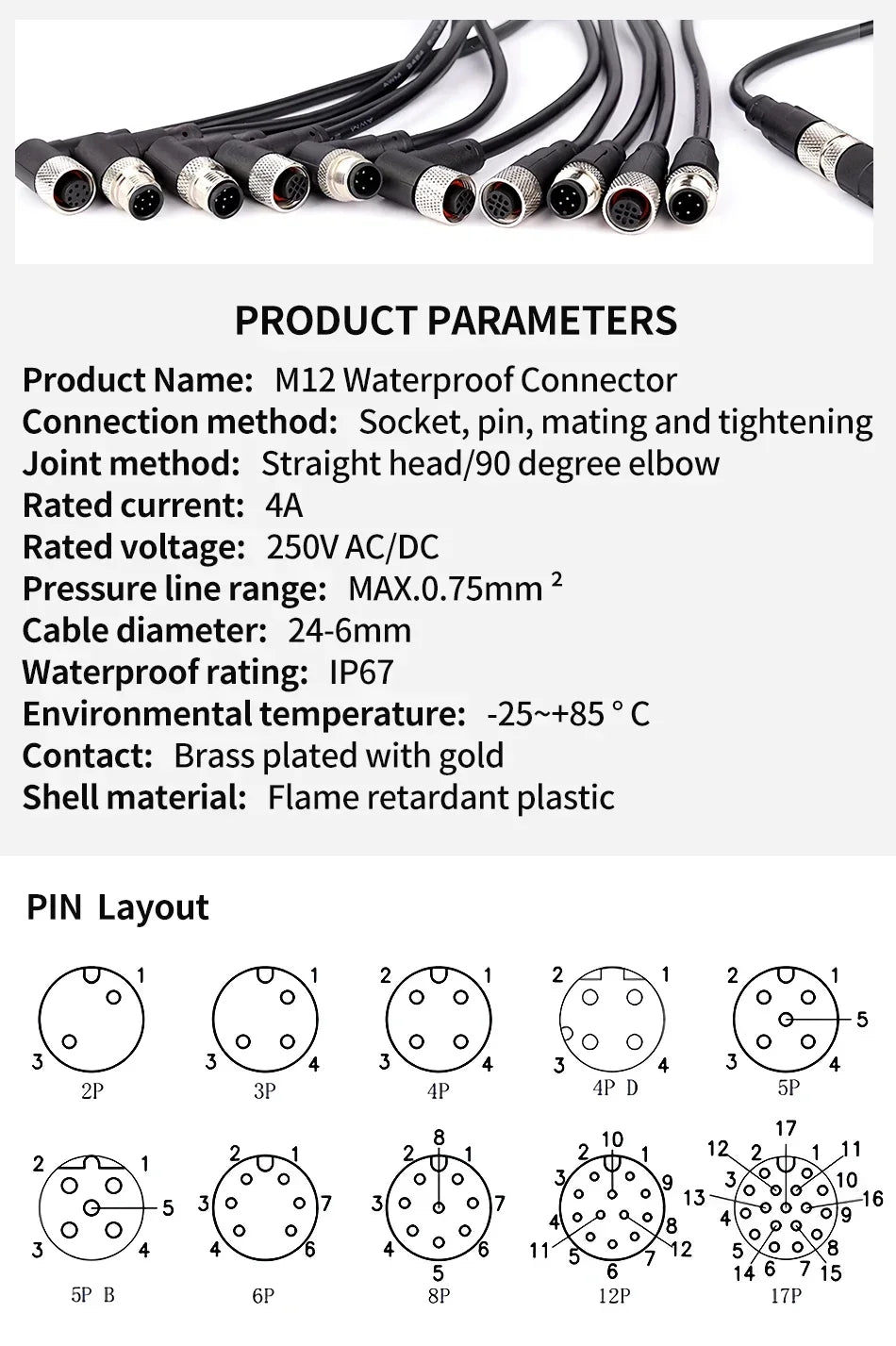 2Meters M12 sensor connector waterproof cable plug Male&Female 4 5 8 12Pin PVC Integrated injection molding M12 connectors